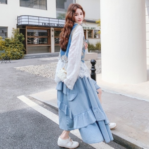 蓝色高级感气质时尚套装女秋季2025新款蕾丝衬衫马甲半身裙三件套图片