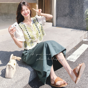 【】法式复古V领假两件衬衫+半身裙套装 7763-P145 K208图片