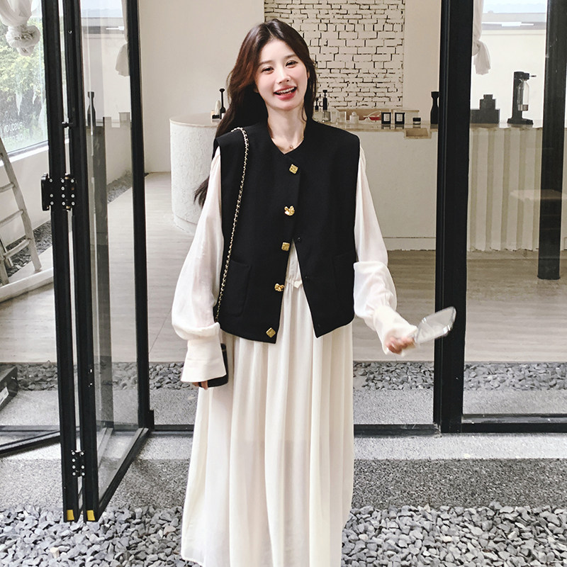 法式小香风马甲连衣裙女2025春季新款高级感超好看长裙,女装套装/套裙,2C069