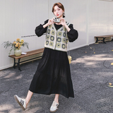 【】复古彩色格子钩花马甲+连衣裙套装2866-P155K218，女装套装/套裙，2C069