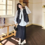 【】系带条纹衬衫+复古牛仔马甲+半身裙3件套6098-P215K348，女装套装/套裙，2C069