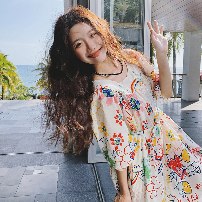 韩版俏皮减龄涂鸦连衣裙女2025夏季新款宽松慵懒风宽松显瘦长裙子,女装连衣裙,2C069