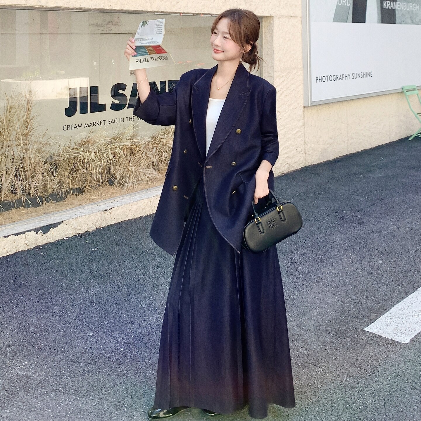 职业通勤穿搭藏蓝色西服上衣女初春秋超火好看高级感半身裙两件套,女装套装/套裙,2C069