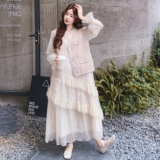 粉色珍珠镶边粉色马甲蕾丝连衣裙两件套女春秋2025新款甜美巨好看，女装套装/套裙，2C069