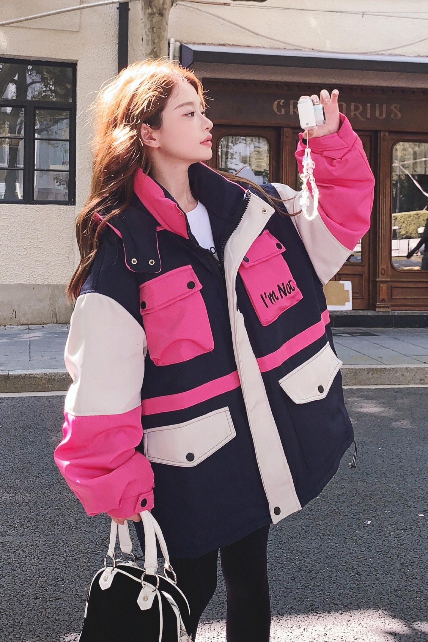 粉色撞色拼接工装羽绒服女2025冬季新款韩系设计感宽松白鸭绒外套,女装羽绒服,2C069