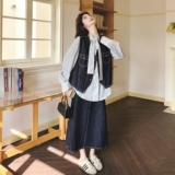 【】系带条纹衬衫+复古牛仔马甲+半身裙3件套6098-P215K348，女装套装/套裙，2C069
