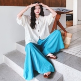新中式国风刺绣衬衫套装女2025夏季新款气质松弛感阔腿裙裤两件套，女装套装/套裙，2C069