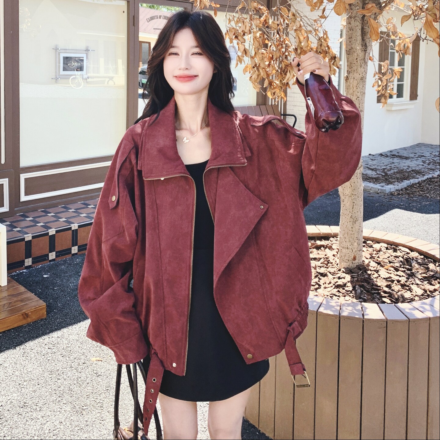 酒红色工装夹克外套女春秋2025新款宽松美式复古爆款大码上衣夹克,女装皮衣,2C069