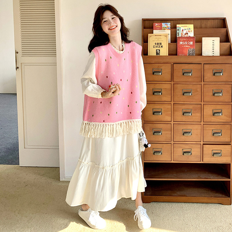 【】花边拼接连衣裙+粉流苏针织马甲套装2522-P185K258,女装套装/套裙,2C069