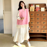 【】花边拼接连衣裙+粉流苏针织马甲套装2522-P185K258，女装套装/套裙，2C069