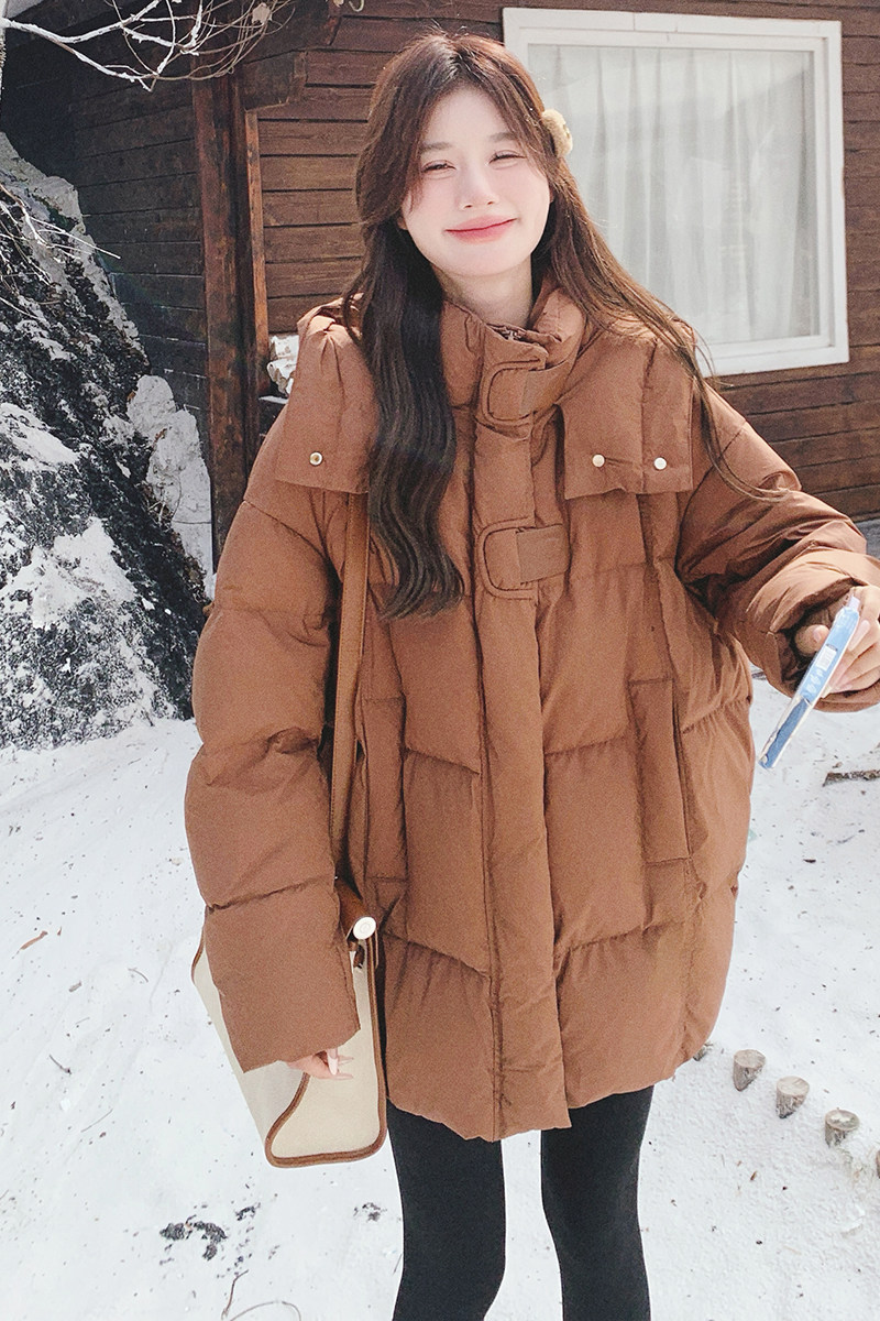 美拉德棕色连帽羽绒服女冬季超火好看高级小众加厚保暖面包服外套,女装羽绒服,2C069