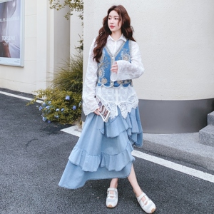 蓝色高级感气质时尚套装女秋季2025新款蕾丝衬衫马甲半身裙三件套图片