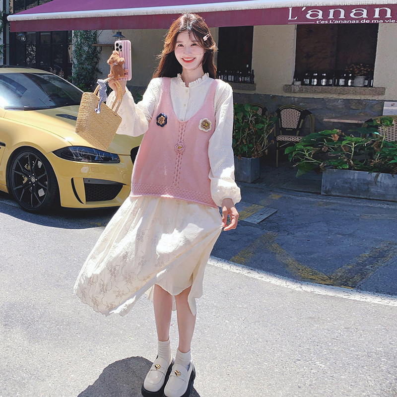 大货法式绣花连衣裙+粉色毛衣马甲套装99183-P175K238,女装套装/套裙,2C069