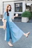 蓝色牛仔拼接连衣裙女2025年夏季新款设计感独特超好看不规则长裙，女装连衣裙，2C069