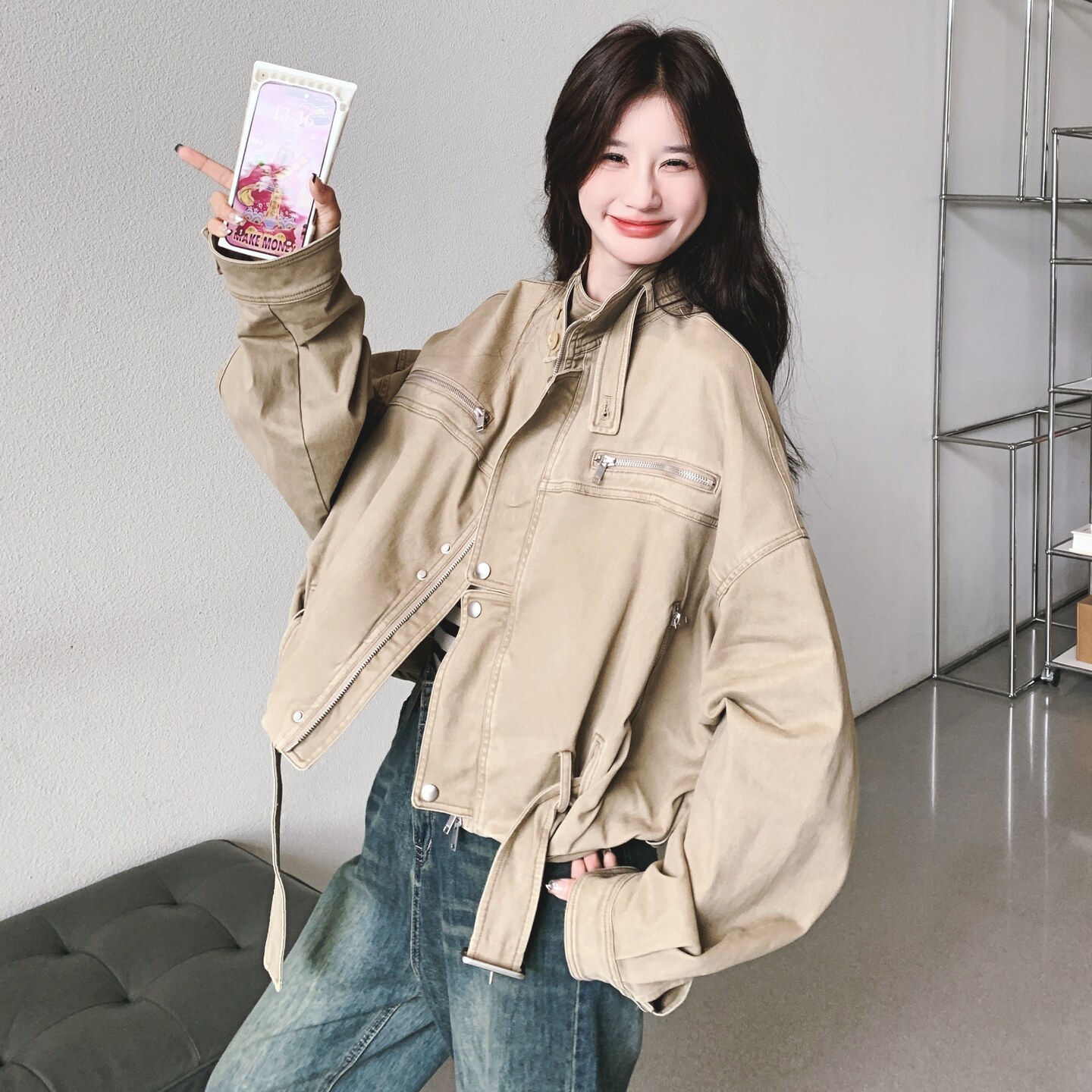 奶茶色高级感休闲工装外套女2025春秋季新款韩版宽松显瘦夹克上衣,女装短外套,2C069