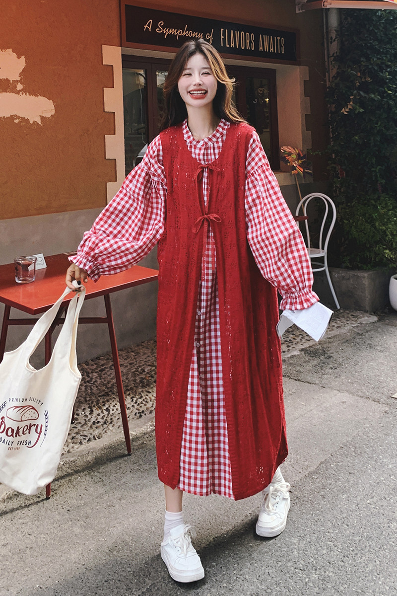 红色新中式开衫套装春秋女2025新款复古学院减龄格纹衬衫裙两件套,女装套装/套裙,2C069
