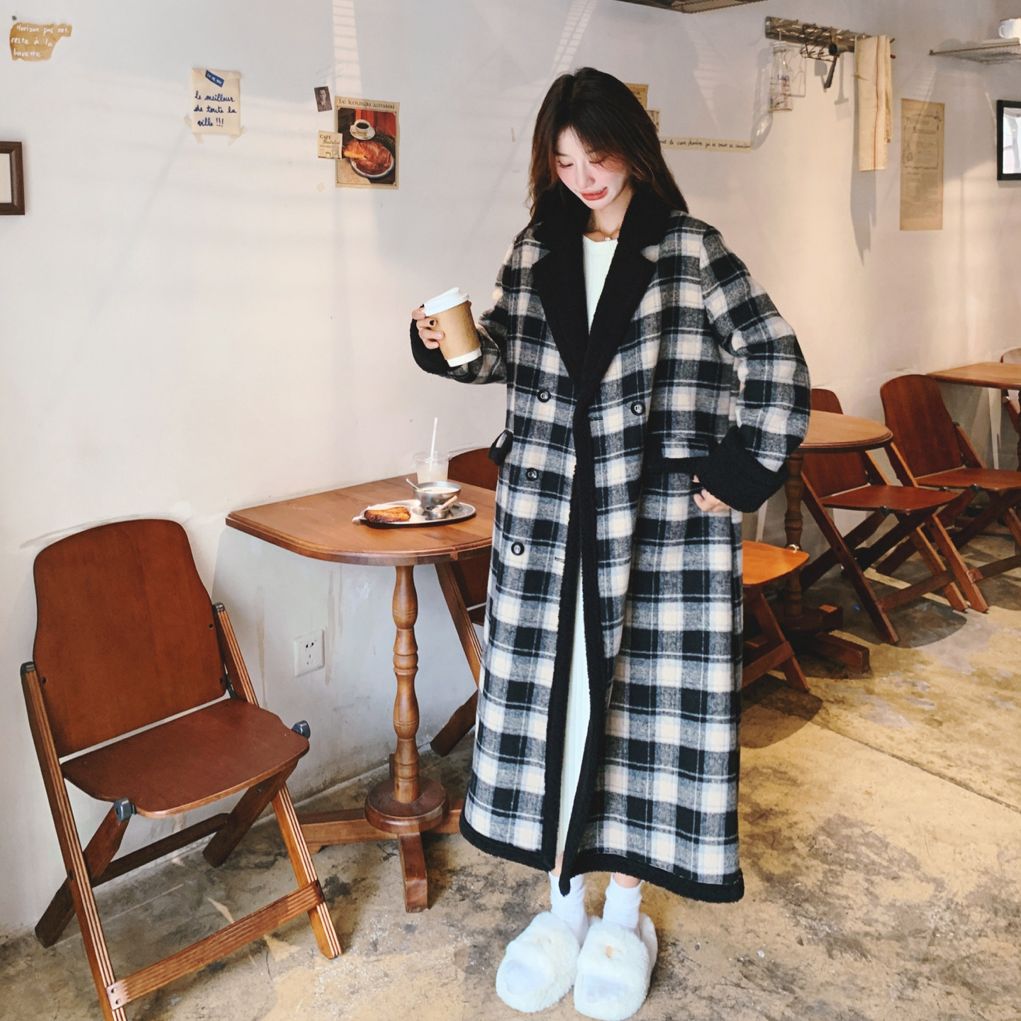 【】复古格纹加厚长款皮毛一体外套3370-P215K328,女装皮草,2C069
