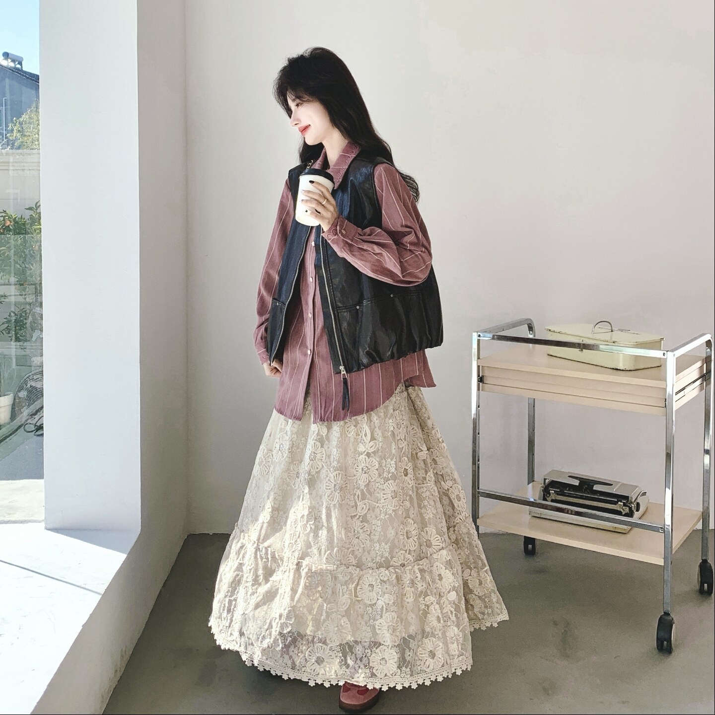 【】PU马甲+条纹衬衫+蕾丝花边半身裙3件套6093-P245K398,女装套装/套裙,2C069