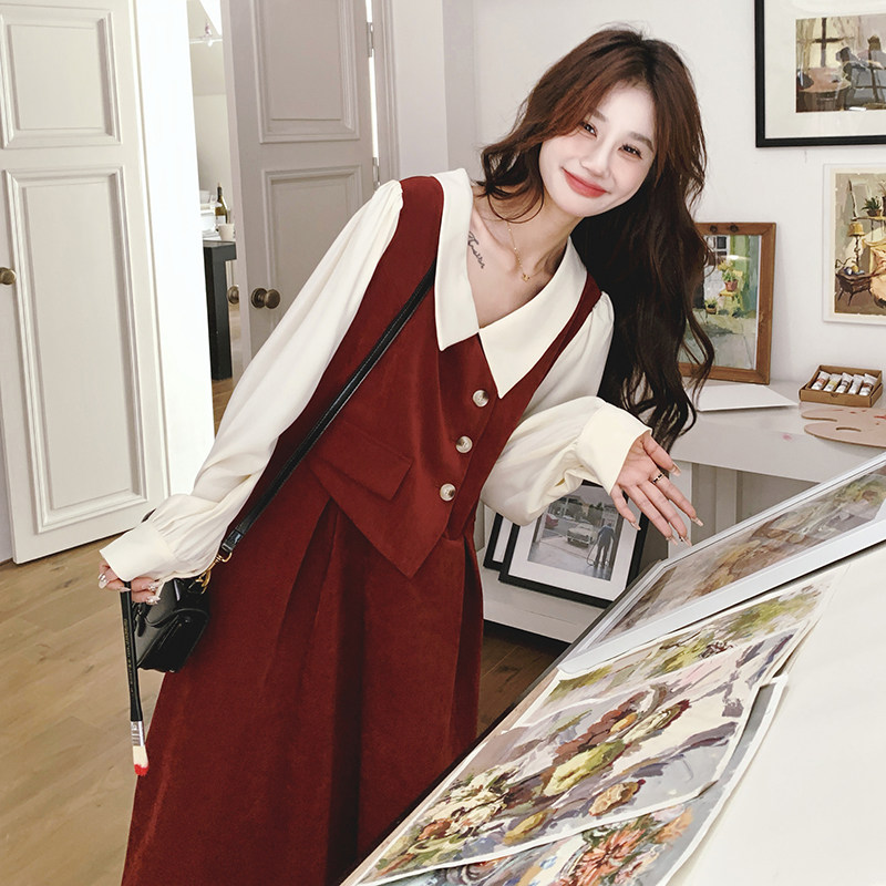 法式红色假两件衬衫连衣裙女2024秋季新款高级感气质设计感长裙子图片