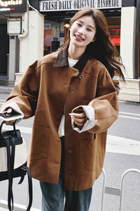 焦糖色复古撞色拼接设计感工装外套女2025秋新款宽松时尚翻领上衣图片