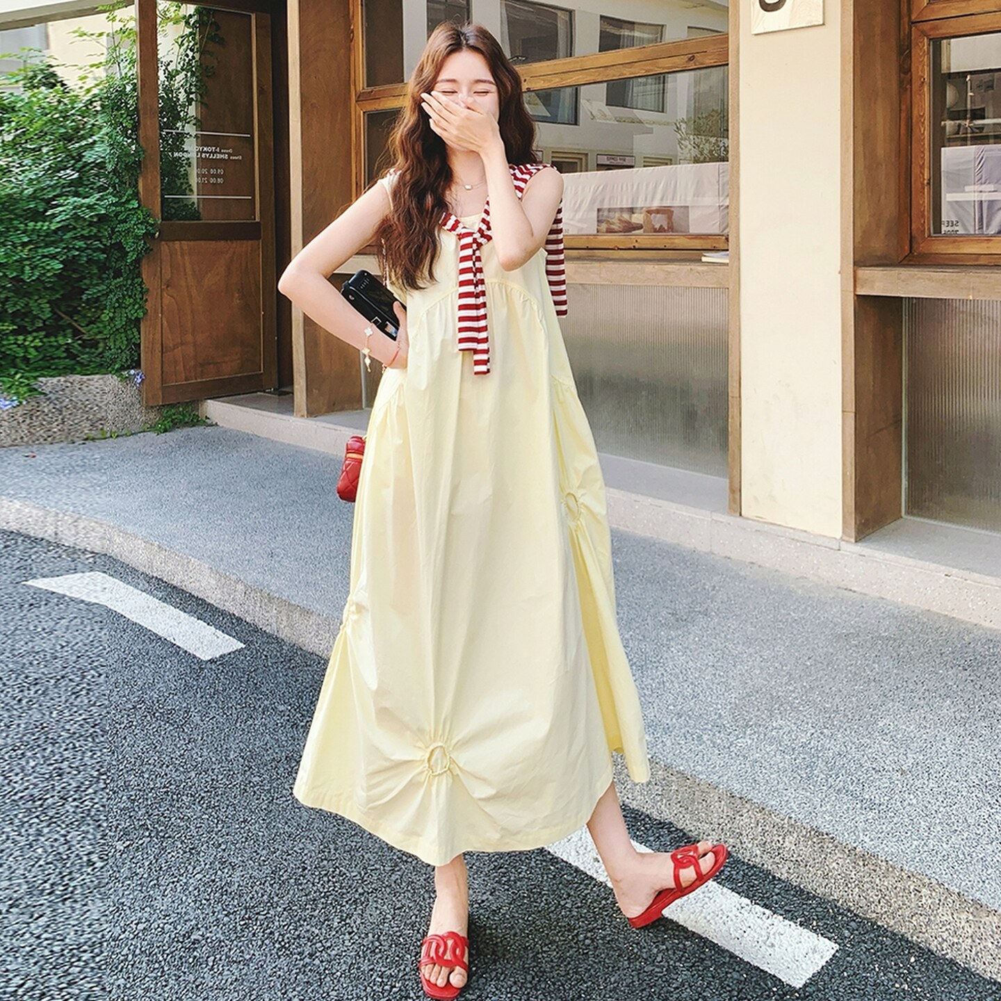 【】法式黄色无袖连衣裙+条纹披肩套装8981-P155K218,女装套装/套裙,2C069