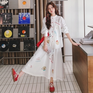 米白色涂鸦刺绣衬衫半身裙套装女2025春秋季新款温柔风显瘦两件套图片