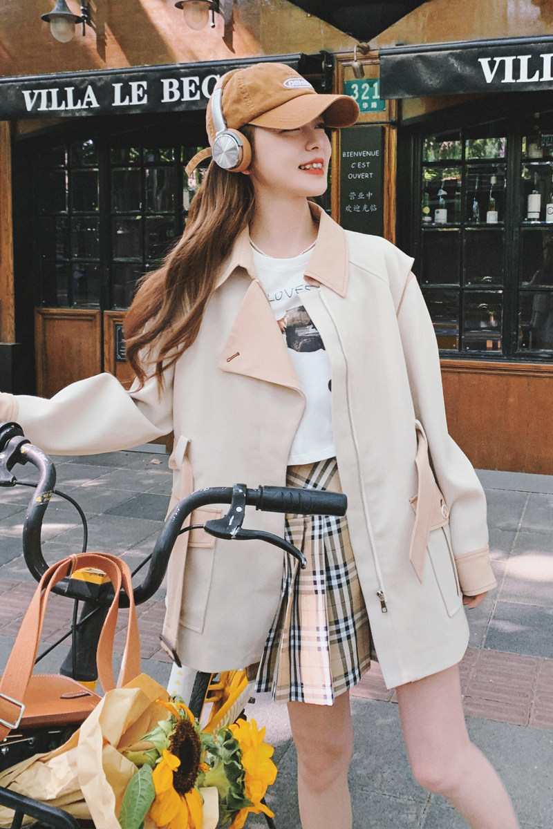 撞色设计感工装风衣外套女春秋季新款韩版时尚小个子显瘦翻领上衣,女装风衣,2C069