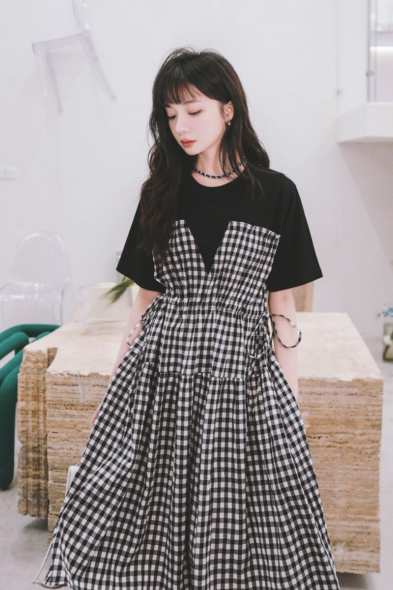 档口！2026夏装黑白格纹拼接假两件连衣裙813-P115168,女装连衣裙,2C069