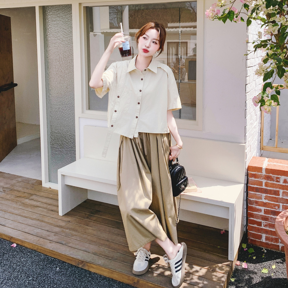韩系不规则设计衬衫套装女2025夏新款小个子休闲显瘦阔腿裤两件套,女装套装/套裙,2C069