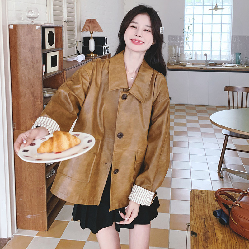 韩系复古美拉德皮衣外套女2025春秋季新款宽松显瘦时尚高级感上衣，女装皮衣，2C069