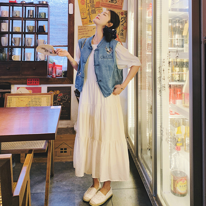 2026夏新中式盘扣牛仔马甲+杏色连衣裙套装88670-P165K228,女装套装/套裙,2C069