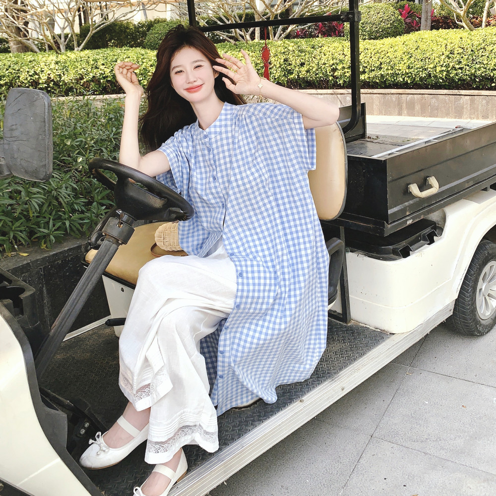 【】复古甜美叠穿格子衬衫裙+阔腿裤套装7760-P155K218,女装套装/套裙,2C069