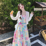 韩版甜美撞色吊带连衣裙女2025夏季新款法式收腰显瘦俏皮减龄长裙，女装套装/套裙，2C069