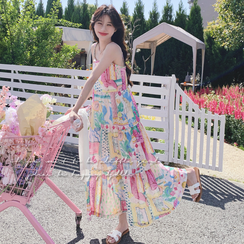 韩版甜美撞色吊带连衣裙女2025夏季新款法式收腰显瘦俏皮减龄长裙图片