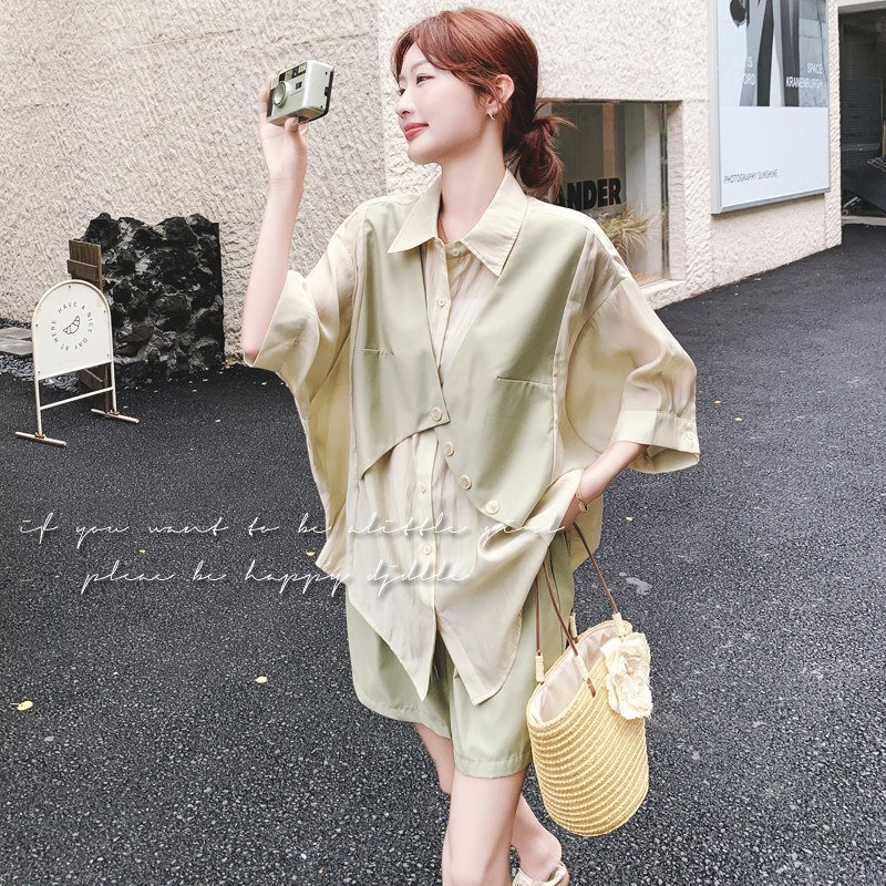 2025夏季新款韩版时尚气质百搭显瘦假两件衬衫高腰短裤两件套女潮图片