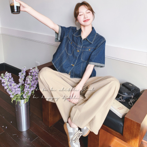 【】韩系减龄短袖牛仔上衣+卡其长裤套装 7708-P155 K218图片