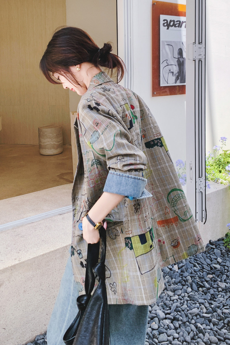 【】2026春牛仔拼接涂鸦格子西装外套99258-P145K198,女装西装,2C069
