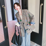 涂鸦牛仔拼接格子西装外套女春秋高级感美式英伦风独特设计西服，女装西装，2C069