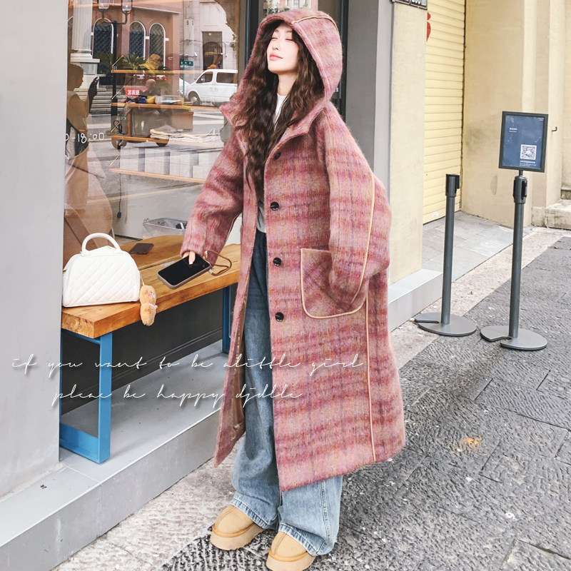 韩版加厚复古连帽格纹呢子大衣女2025秋冬季新款宽松显瘦毛呢外套,女装毛呢外套,2C069