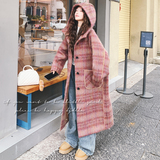 韩版加厚复古连帽格纹呢子大衣女2025秋冬季新款宽松显瘦毛呢外套，女装毛呢外套，2C069
