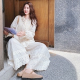 法式刺绣穿搭套装女2025秋季新款气质蕾丝花边衬衫阔腿裤两件套，女装套装/套裙，2C069