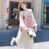 【】法式绣花连衣裙+粉色毛衣马甲套装99183-P175K238，女装套装/套裙，2C069