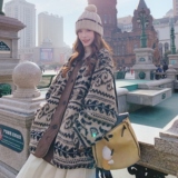 咖色撞色印花羊羔毛加绒加厚棉衣外套女冬季2025新款韩系复古棉服，女装皮草，2C069