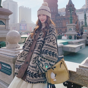 咖色撞色印花羊羔毛加绒加厚棉衣外套女冬季2025新款韩系复古棉服图片
