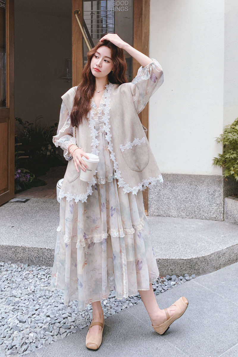 【xian货】法式绝美印花连衣裙+花边马甲套装F653-P195K288,女装套装/套裙,2C069