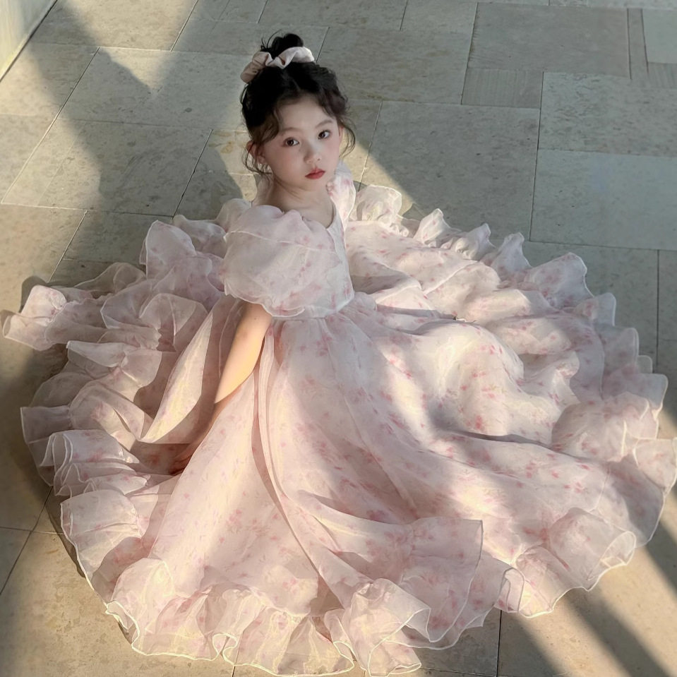 2025夏季女童少女法式碎花方领网纱蓬蓬连衣裙女孩公主仙女裙子
