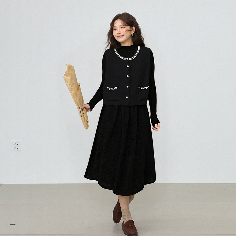 胖mm小香风黑色连衣裙女