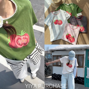 圆领T恤衫 番茄印花重工彩色钉珠正肩短袖 现货～RAIN家韩国东大门