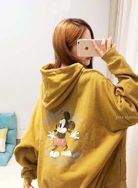现货 韩国东大门卡通印花宽松插兜加绒连帽休闲套头卫衣女ins