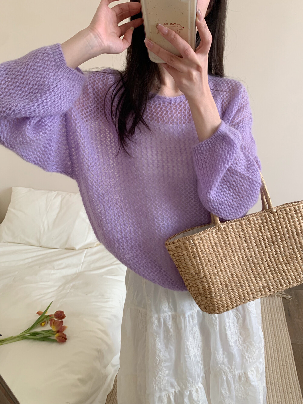 26绵羊毛）bont家韩国东大门春款纯色百搭圆领镂空针织衫上衣008